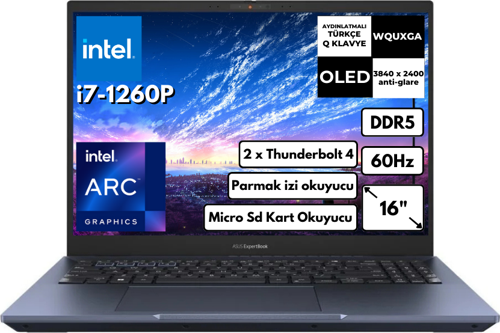ExpertBook B5 i7-1260P 40 GB 256 GB SSD 4GB ARC A350M 16" OLED WQUXGA Windows 11 Home Dizüstü Bilgisayar B5602CBN-I7126016512DS BTY24