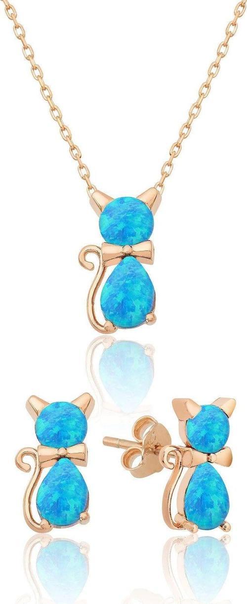 925 Ayar Opal Taşlı Kedi Gümüş Kadın Küpe Kolye Set Rose Altın