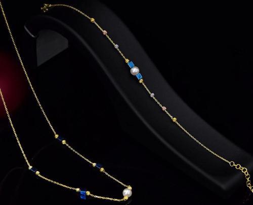925 Ayar Gümüş Gold Kaplama Incili ,Dört Lacivert Kare Boncuklu Set