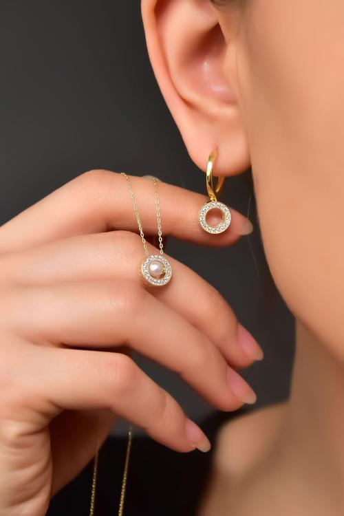 925 Ayar Gümüş Gold Kaplama Incılı Yuvarlak Kolye Ve Küpe Set
