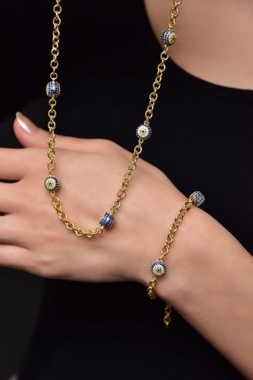 925 Ayar Gümüş Gold Kaplama Nazar Göz Kolye Ve Bileklik Set