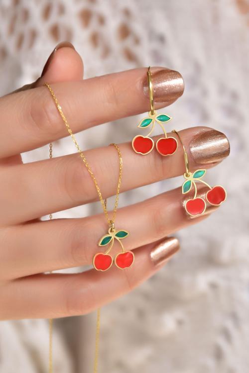 925 Ayar Gümüş Gold Kaplama Özel Tasarım Kırmızı Kiraz Kolye ve Küpe Set