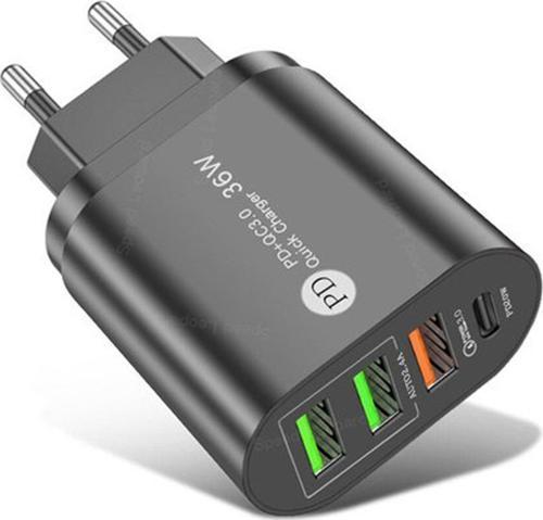 36W Pd20W+3Usba 4 Çıkışlı Ev Tipi Şarj Aleti Başlığı Siyah