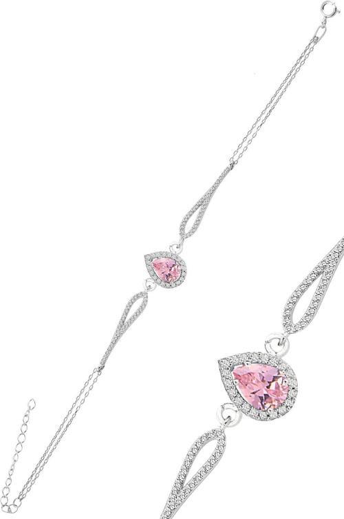 Gümüş rodyumlu pembe zirkon taşlı pırlanta modeli damla bileklik