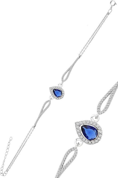 Gümüş rodyumlu safir zirkon taşlı pırlanta modeli damla bileklik 