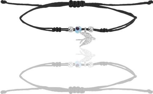 Gümüş rodyumlu zirkon taşlı nazarlı kırlangıç siyah ipli şans bileklik