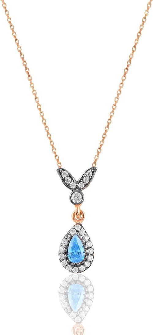 Gümüş rose akuamarin taşlı damla kolye