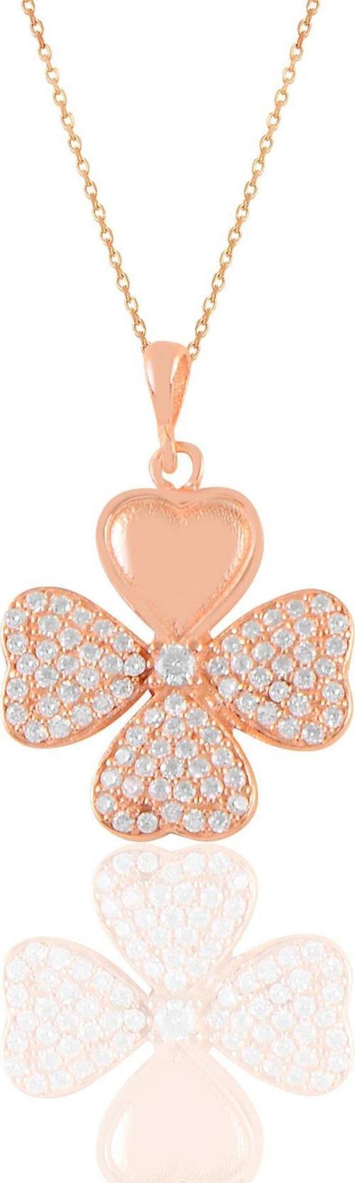 Gümüş rose zirkon taşlı dört yapraklı yonca kolye