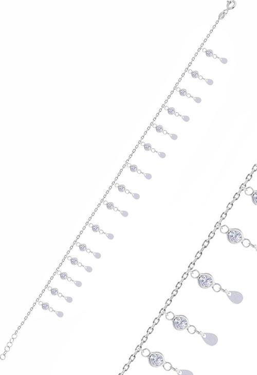 Gümüş rodyumlu zirkon taşlı çift sıra damla pullu halhal 