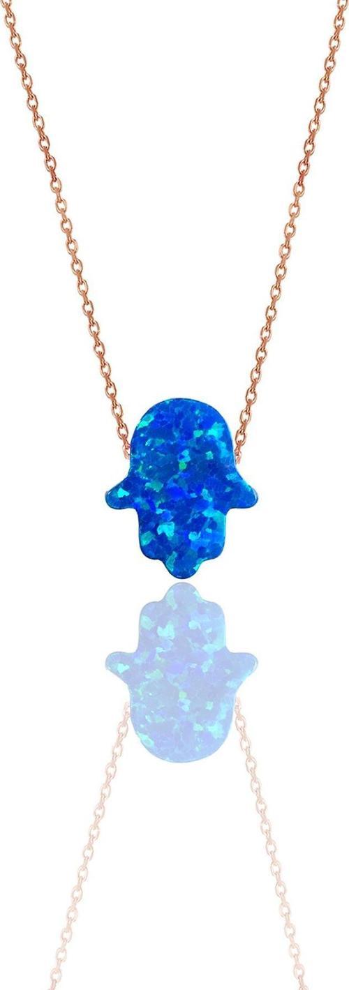 Gümüş rose fatma ana eli mavi opal taşlı kolye