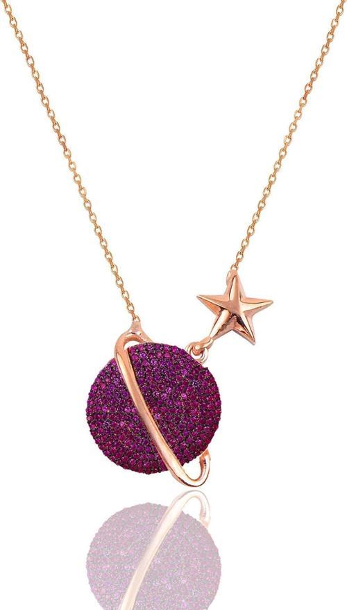 Gümüş rose fuşya taşlı satürn gezegen kolye 