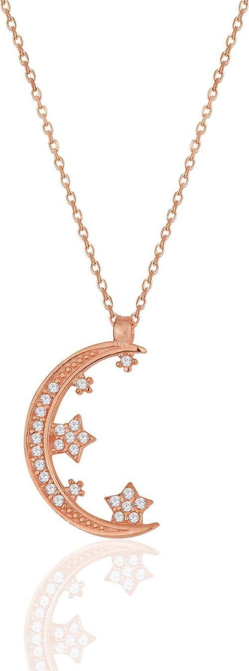 Gümüş rose zirkon taşlı yeni ay ve yıldızlar kolye 