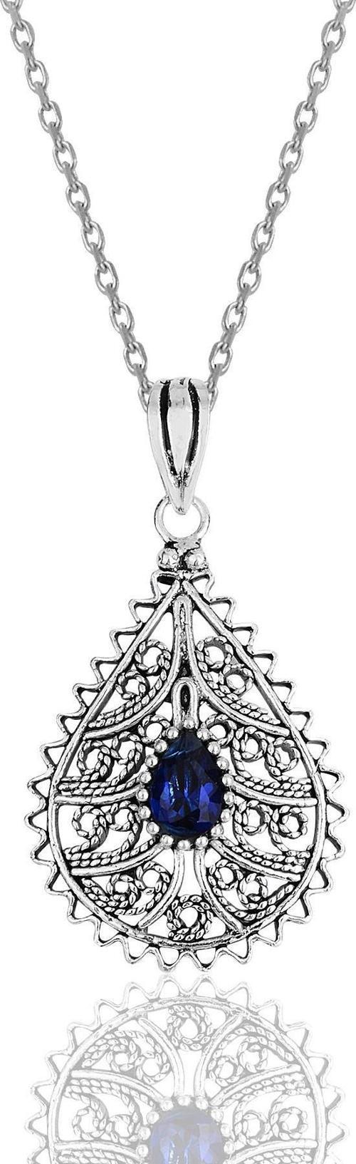 Gümüş safir taşlı oksitli telkari işlemeli kolye 