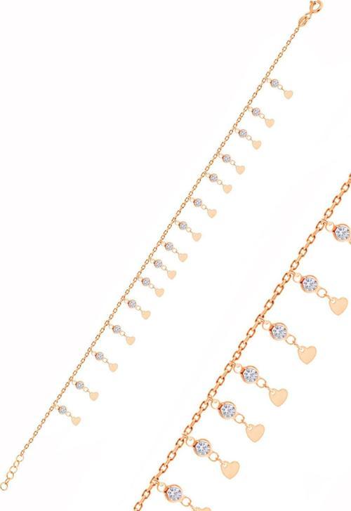 Gümüş rose zirkon taşlı çift sıra kalp pullu halhal 