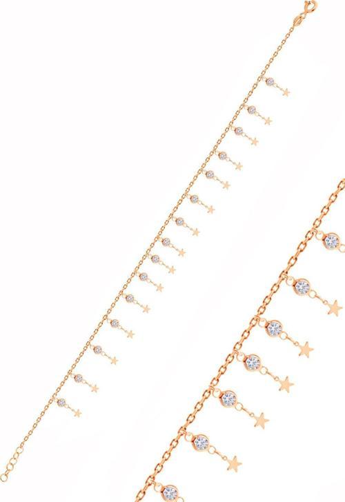 Gümüş rose zirkon taşlı çift sıra yıldız pullu halhal 