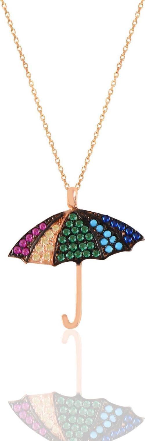 Gümüş rose renkli taşlı şemsiye kolye