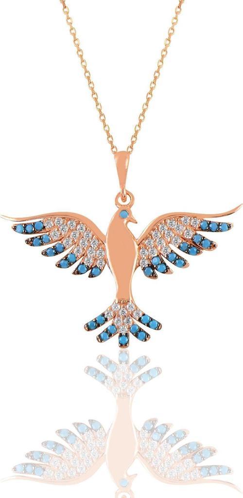 Gümüş rose turkuaz  taşlı simurg anka kuşu kolye  