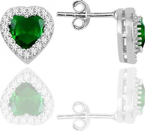 Gümüş Rodyumlu Pırlanta Modeli Kök Zümrüt Taşlı Kalp Küpe 