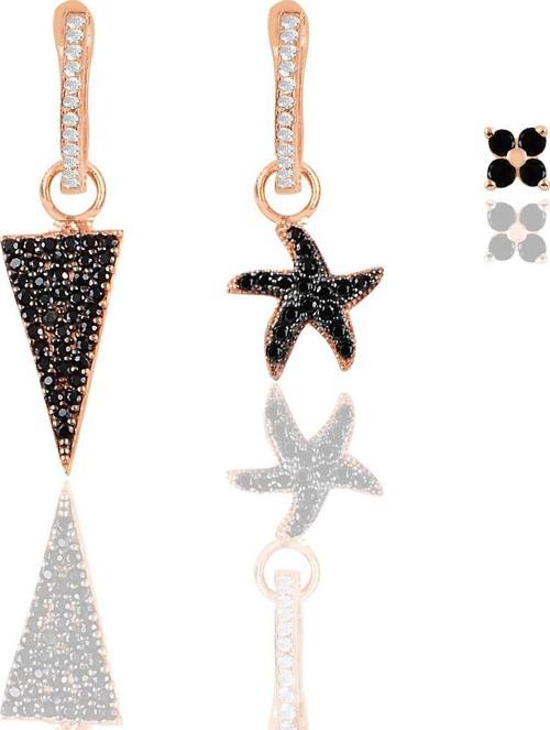 Gümüş rose onix taşlı piramit Kombin Üçlü Küpe Seti