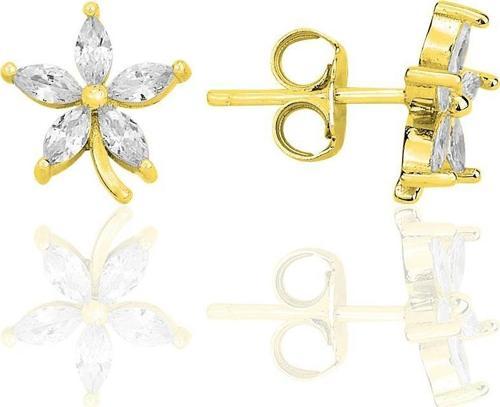 Gümüş altın yaldızlı mekik kesim zirkon taşlı lotus küpe