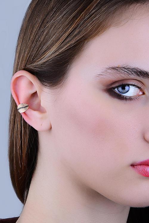 Gümüş rose siyah taşlı yaprak modeli sıkıştırmalı kıkırdak küpe  ear cuff 