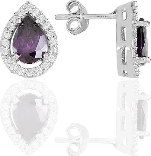 Gümüş rodyumlu ametis taşlı damla modeli küpe