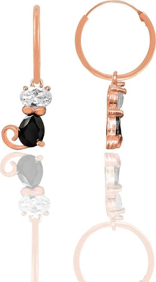 Gümüş rose zirkon ve onix taşlı özel tasarım kedi küpe 