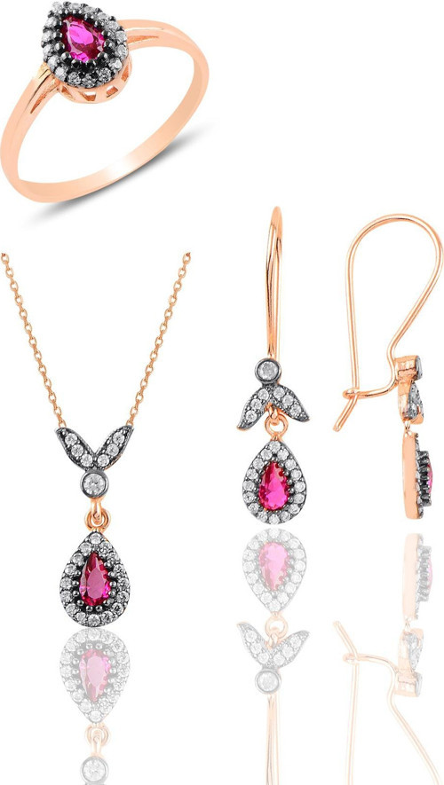 Gümüş rose kök yakut taşlı damla üçlü set