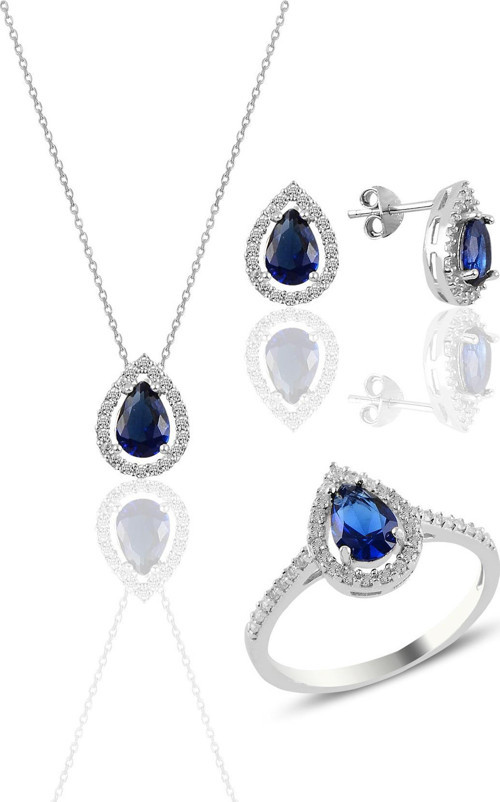 Gümüş rodyumlu safir taşlı damla modeli üçlü set