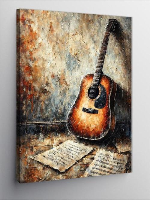 Kanvas Tablo Ahşap Gitar Ve Nota