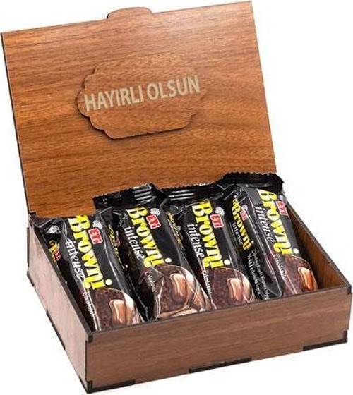 Sevdiklerinize Özel Ahşap Hediye Kutusunda 4 Adet Browni Intense ( Hayırlı Olsun Yazılı )