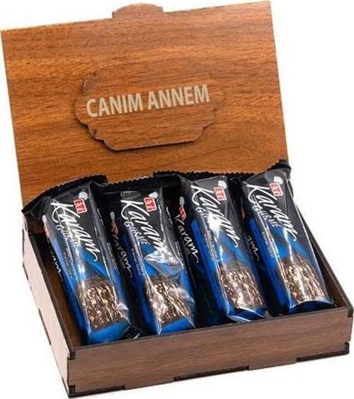 Sevdiklerinize Özel Ahşap Hediye Kutusunda 4 Adet Karam Gurme Bitter Çikolatalı ( Canım Annem Yazılı )