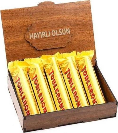 Sevdiklerinize Özel Ahşap Hediye Kutusunda 5 Adet Toblerone ( Hayırlı Olsun Yazılı )