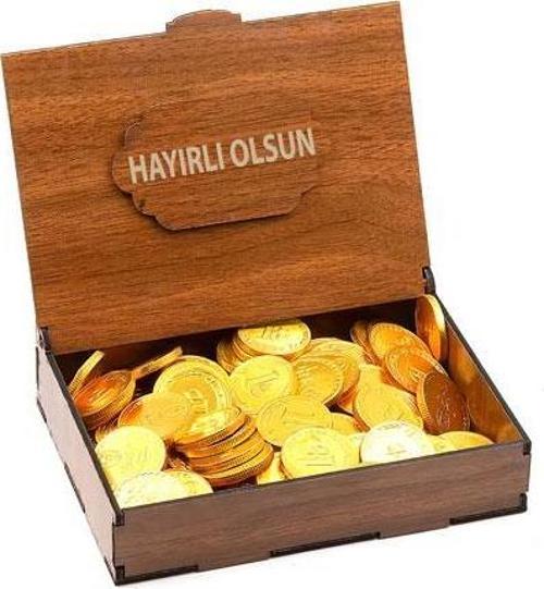 Sevdiklerinize Özel Ahşap Hediye Kutusunda Para Çikolata ( Hayırlı Olsun Yazılı )