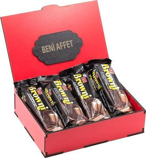 Sevdiklerinize Özel Kırmızı Ahşap Hediye Kutusunda 4 Adet Browni Intense ( Beni Affet Yazılı )