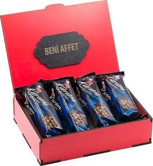 Sevdiklerinize Özel Kırmızı Ahşap Hediye Kutusunda 4 Adet Eti Karam Gurme Bitter Çikolatalı ( Beni Affet Yazılı )