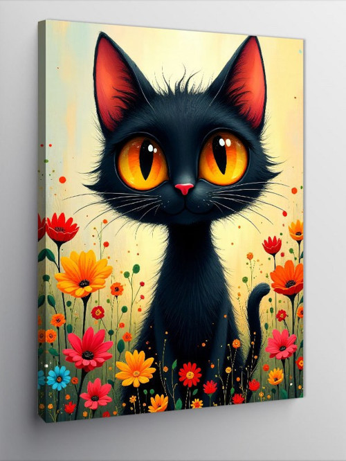 Kanvas Tablo Kara Kedi Çiçekli