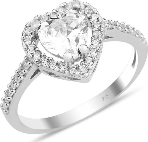 Gümüş rodyumlu zirkon taşlı pırlanta montürlü Kalp modeli yüzük