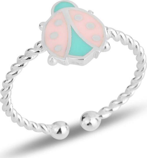 Gümüş pembe mineli uğur böceği ayarlamalı çocuk yüzüğü