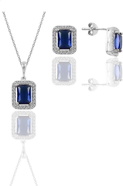 Gümüş rodyumlu safir taşlı baget kesim ikili set 