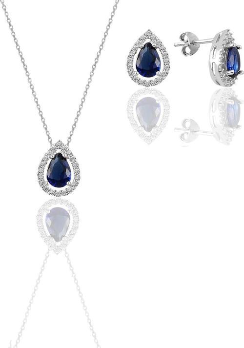 Gümüş beyaz altın rodyumlu safir taşlı damla modeli ikili set 