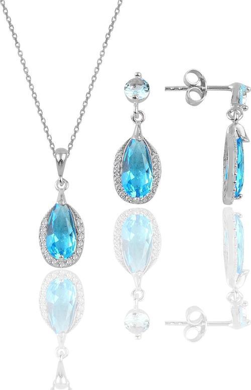 Gümüş rodyumlu akuamarin taşlı damla modeli kolye ve küpe ikili set 
