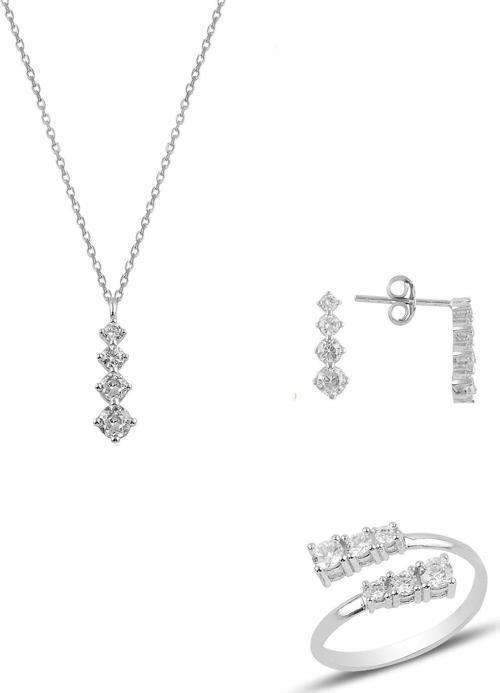 Gümüş rodyumlu zirkon taşlı pırlanta modeli pırıltı üçlü set 