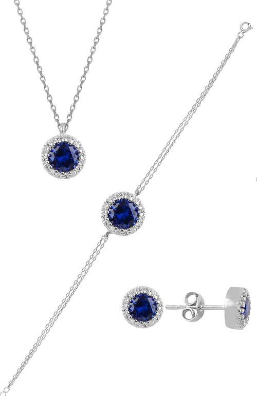 Gümüş rodyumlu zirkon ve  safir taşlı pırlanta modeli üçlü set 