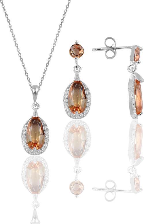 Gümüş rodyumlu zultanit taşlı damla modeli kolye ve küpe ikili set 