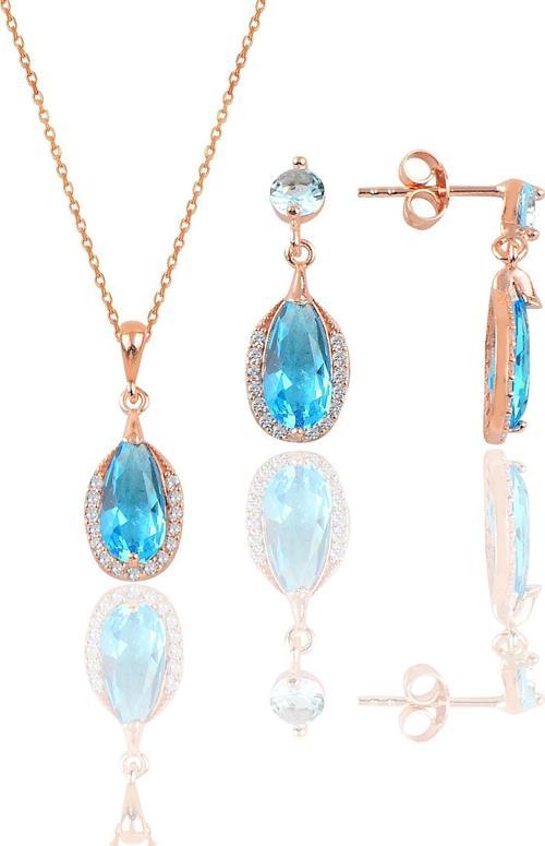 Gümüş rose akuamarin taşlı damla modeli kolye ve küpe ikili set 