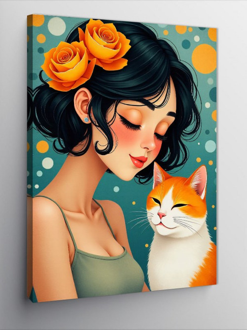 Kanvas Tablo Kedi Ve Şefkatli Kadın
