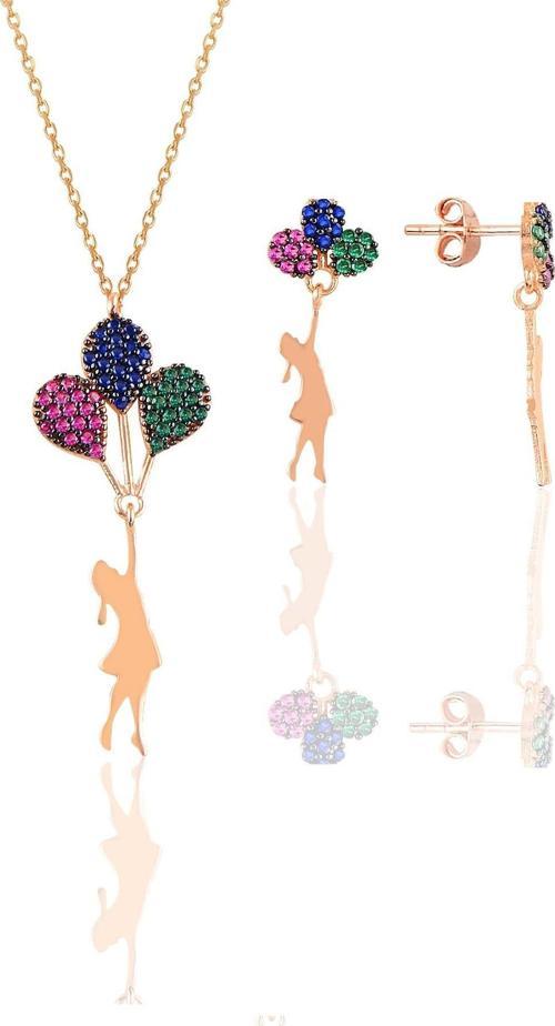 Gümüş rose balonlu kız kolye ve küpe gümüş set 