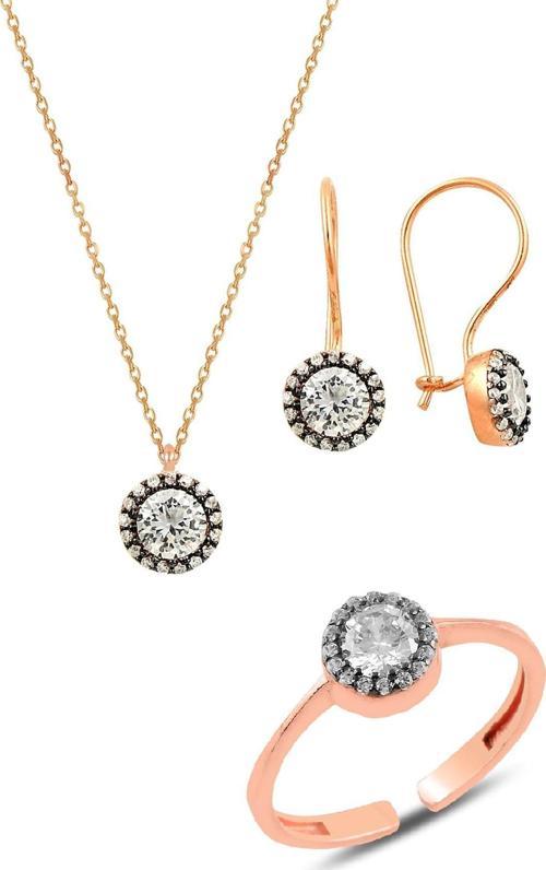 Gümüş rose elmas montörlü üçlü set  