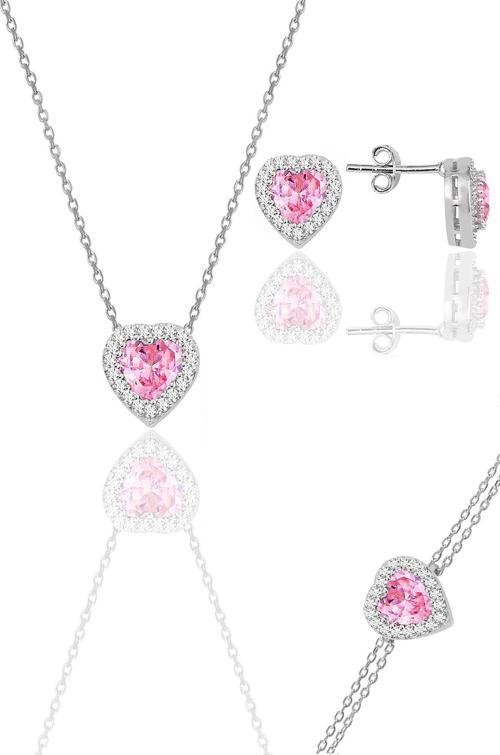 Gümüş rodyumlu pembe taşlı pırlanta modeli kalp kolye, küpe, bileklik üçlü set 